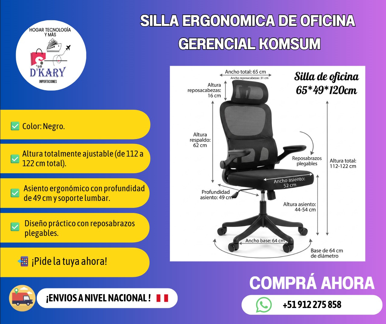 Silla de Oficina Gerencial Komsum - Ergonomía y Estilo Premium